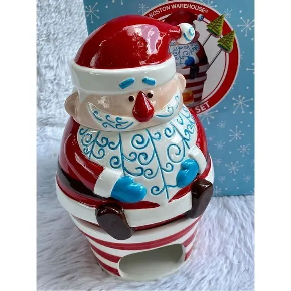 NIB NEW Boston Warehouse 7 PC HO HO HO Ceramic Santa Clause Fondue Set - Picture 7 of 14